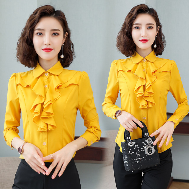 2024 shirt women's early spring new Korean style ruffled chiffon long-sleeved large size professional fitting bottoming top