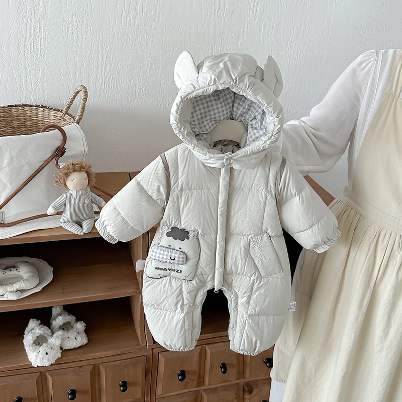 Infant and Toddler Hooded down Jumpsuit, White, Thickened and Fleece-Lined, Warm, Cartoon Cute Outdoor Crawling Suit, down Jacket
