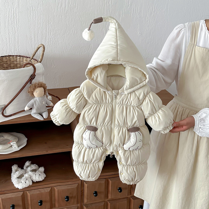Infant down Jacket Jumpsuit, Winter Thickened Warm Hooded Zippered Outerwear, Cute Cartoon Romper