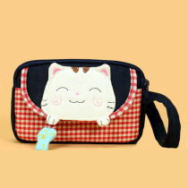 Cute Korean Version Alla Cat Large Capacity Four Floors Hand Grab Bag Pure Cotton Lady Large Screen Mobile Phone Bag Makeup Bag