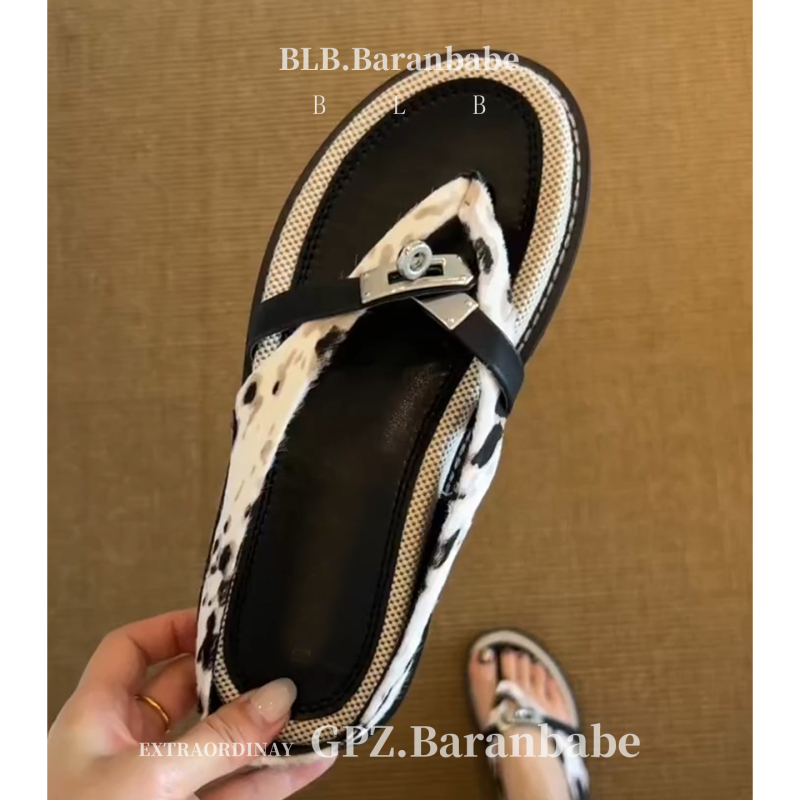 Balambai~3.5Cm Retro Style Leopard Print Metal Buckle Thong Sandals for Women Casual Outdoor Beach Sandals