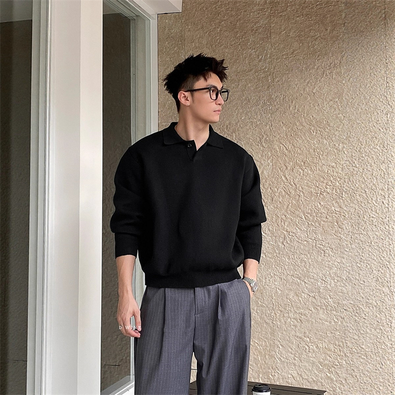 High-End Black Polo Collar Pullover Sweater for Men, Large Size, Autumn and Winter, Casual Wear, Knitwear
