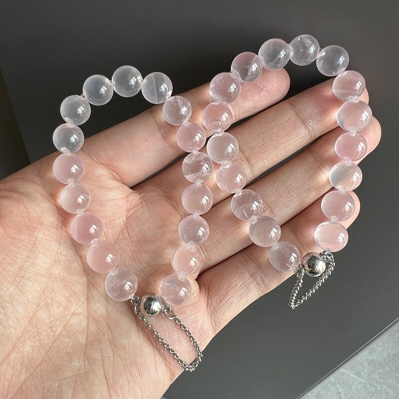 Natural Mozambique Starlight Pink Quartz Bubble Bead Bracelet with Cotton Nose-Hole Beads Jewelry Xl354