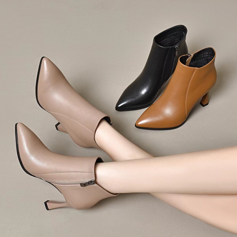 Thin-Heeled High-Heeled Shoes for Women, Comfortable Short Boots, 2026 Winter New Style, Pointed-Toe Fashionable Velvet Leather Shoes, Versatile Spring and Autumn Single Boots