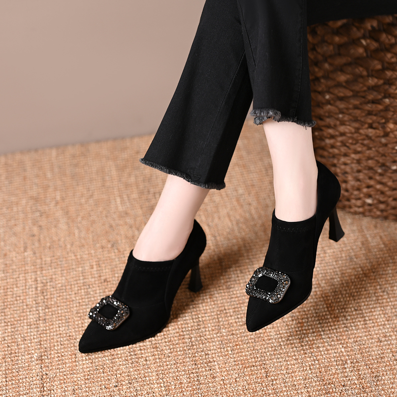 High-Heeled Deep-Cut Women's Short Boots 2026 Spring and Autumn New Style with Rhinestone Buckle, Black Suede Pointed Toe Elastic Ankle Boots, Bare Boots