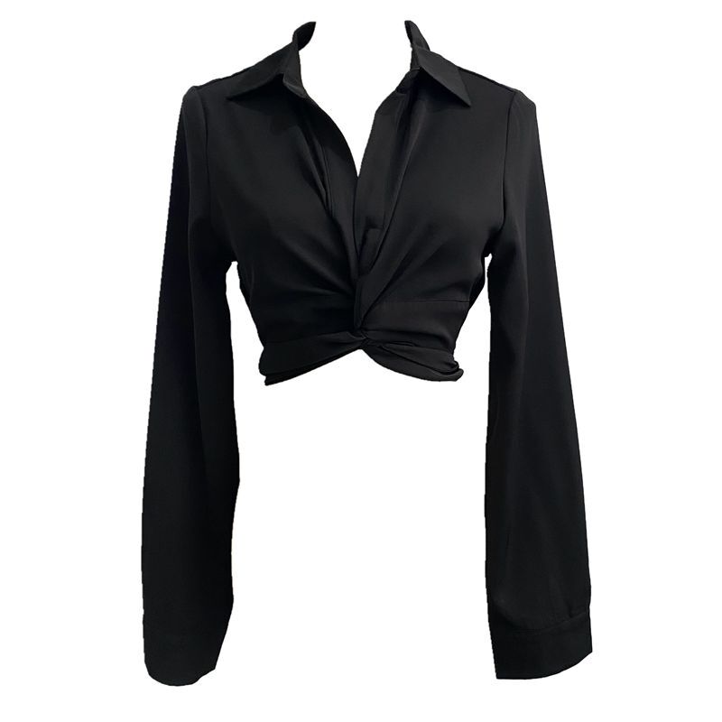 In Stock Original Retro Hot Girl Style Black Knotted Tie Bow Short Slim-Fit V-Neck Shirt Top That Makes You Look Slimmer In Stock Original Retro Hot Girl Style Black Knotted Tie Bow Short Slim-Fit V-Neck Shirt Top That Makes You Look Slimmer