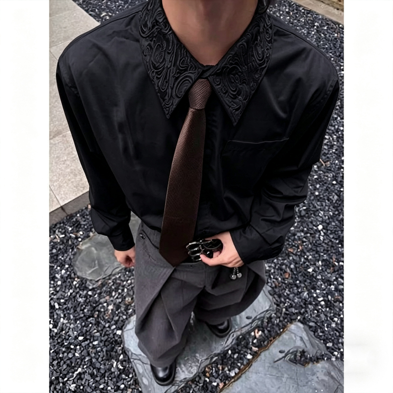 Cleanfit Black Embroidered Floral Collar Shirt for Men and Women, New Spring and Autumn Style, American High-End Cool and Stylish Design Shirt Cleanfit Black Embroidered Floral Collar Shirt for Men and Women, New Spring and Autumn Style, American High-End Cool and Stylish Design Shirt
