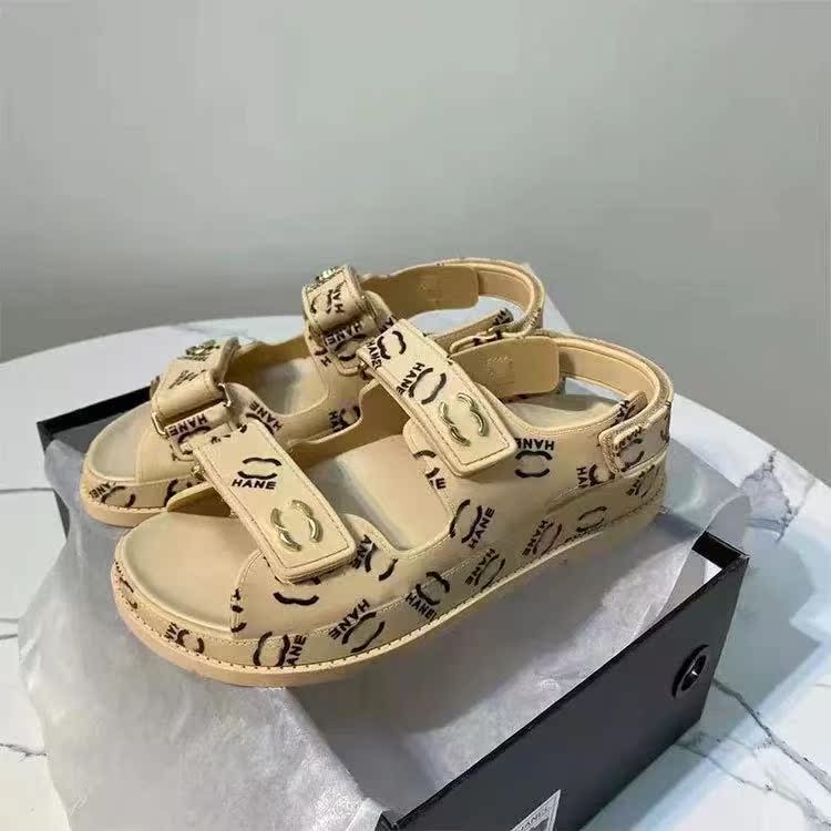 Light Apricot Print2021 summer new pattern C family Little fragrance Velcro Fish mouth Sandals Internet celebrity Totems lattice Flat bottom Jelly color Women's Shoes
