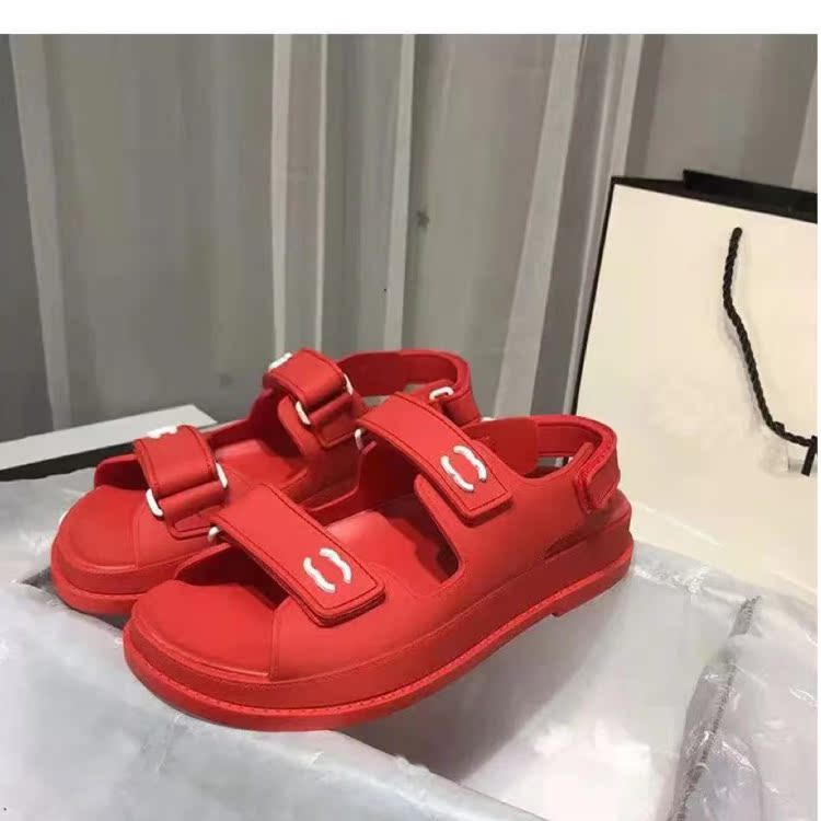 Red2021 summer new pattern C family Little fragrance Velcro Fish mouth Sandals Internet celebrity Totems lattice Flat bottom Jelly color Women's Shoes