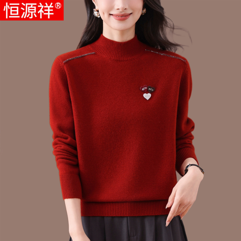 Hengyuanxiang High-End 100% Pure Cashmere Sweater for Women, Autumn and Winter Red Half-Turtleneck Sweater, Women's Inner Layer Base Shirt
