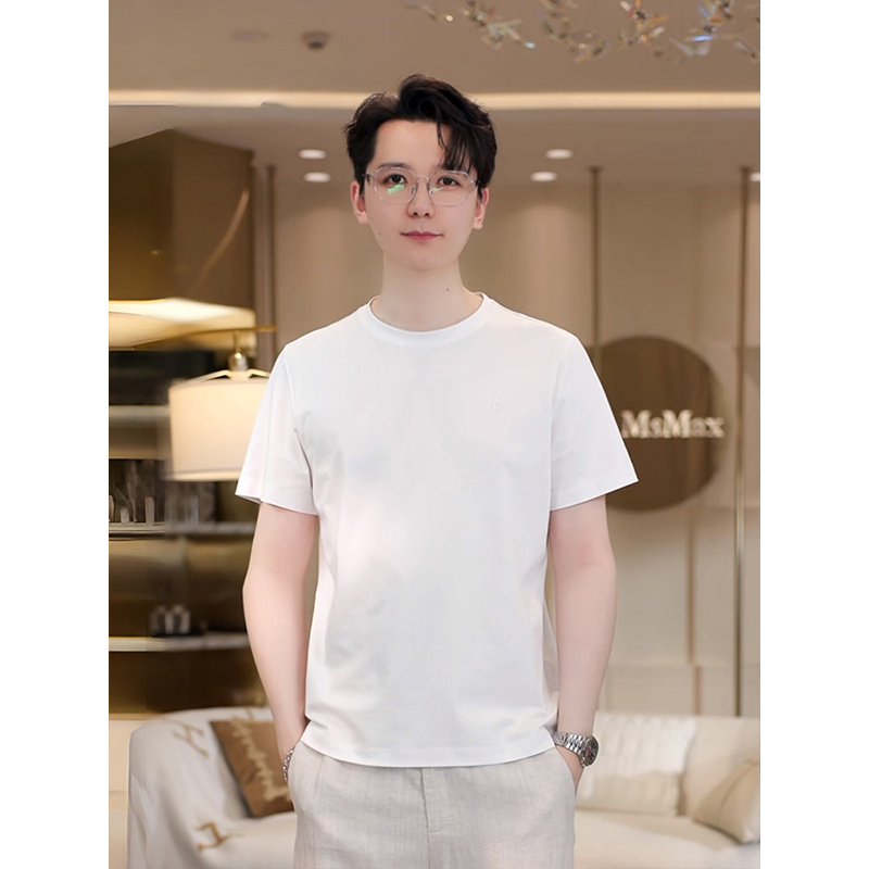 Meixi [Silk H•T] Tencel Blend Short-Sleeve T-Shirt for Men, Summer 2026 New Style, Ribbed Collar, Embroidered Top