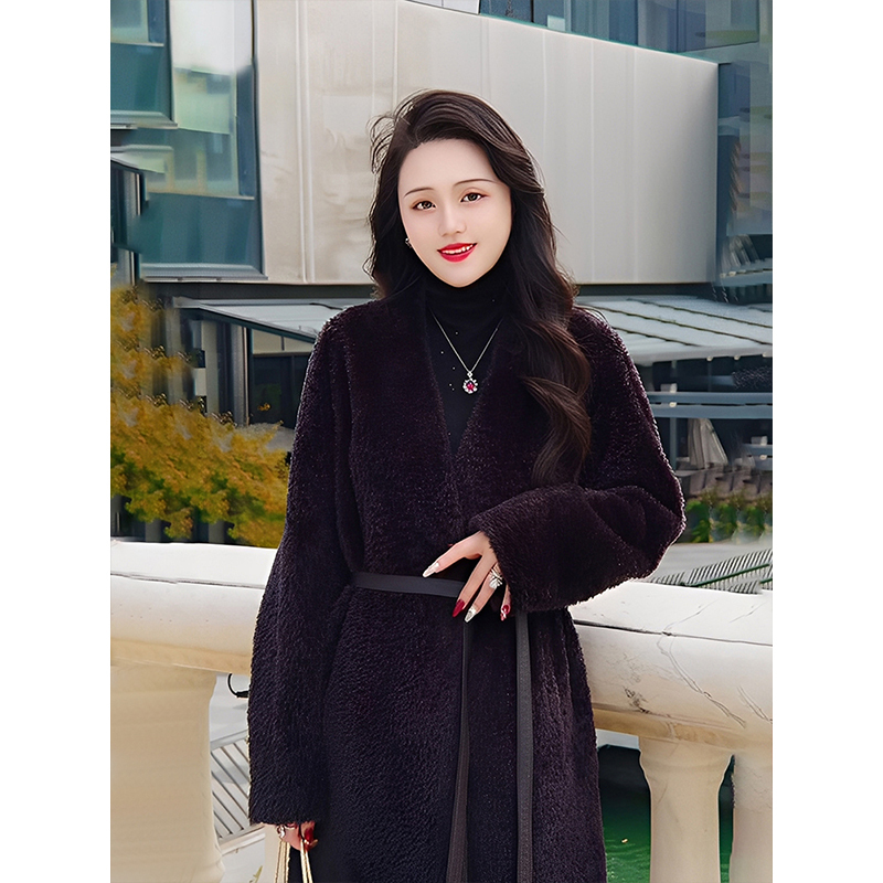 Meixi [Alps] High-End Purple Fur Coat for Women, Autumn and Winter Mid-Length Fur and Leather Integrated Coat