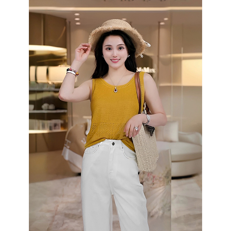 Meixi [B-Level Product] Tencel Linen Hollow-Out Vest for Women, Summer 2026 New Round-Neck Crochet Vest Top