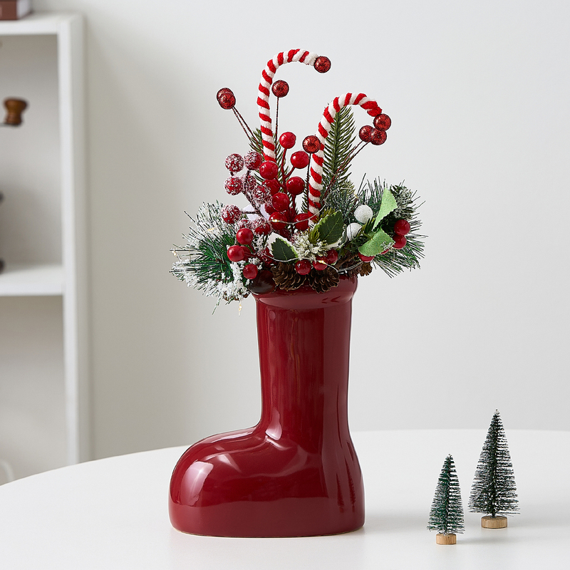 Christmas-Themed Red Boot-Shaped Vase Ceramic Home Decoration Ornament New Year's Christmas Tree Decoration