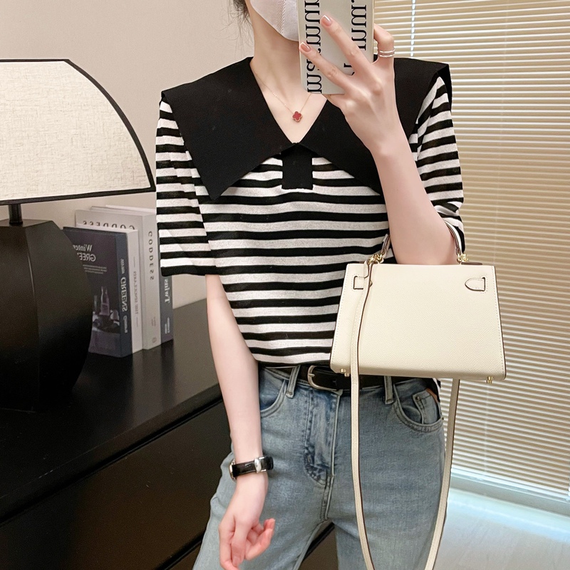2023 Summer New Style Navy Collar Striped Knitted Short-Sleeved Top