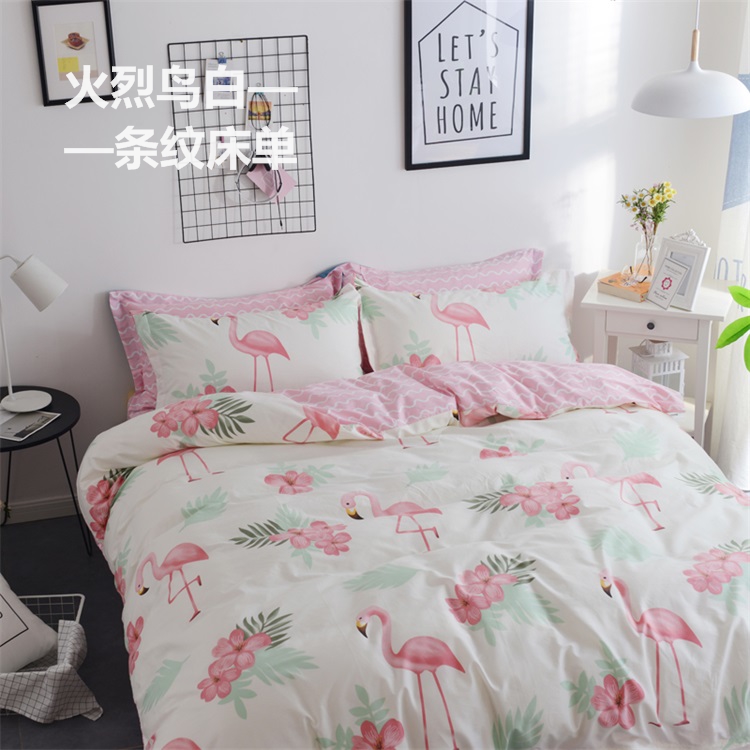 Cotton đơn giản bốn mảnh flamingo phim hoạt hình bông bộ đồ giường 1.2 m khăn trải giường quilt cover ba mảnh