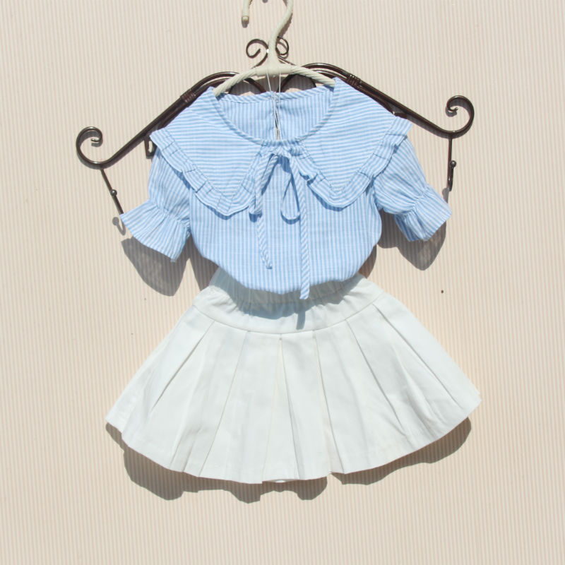 Cotton 2019 hè mới phiên bản Hàn Quốc của bé gái sọc búp bê cổ áo sơ mi tay ngắn học sinh trong trang phục trẻ em lớn - Áo sơ mi áo sơ mi cho bé trai 6 tuổi
