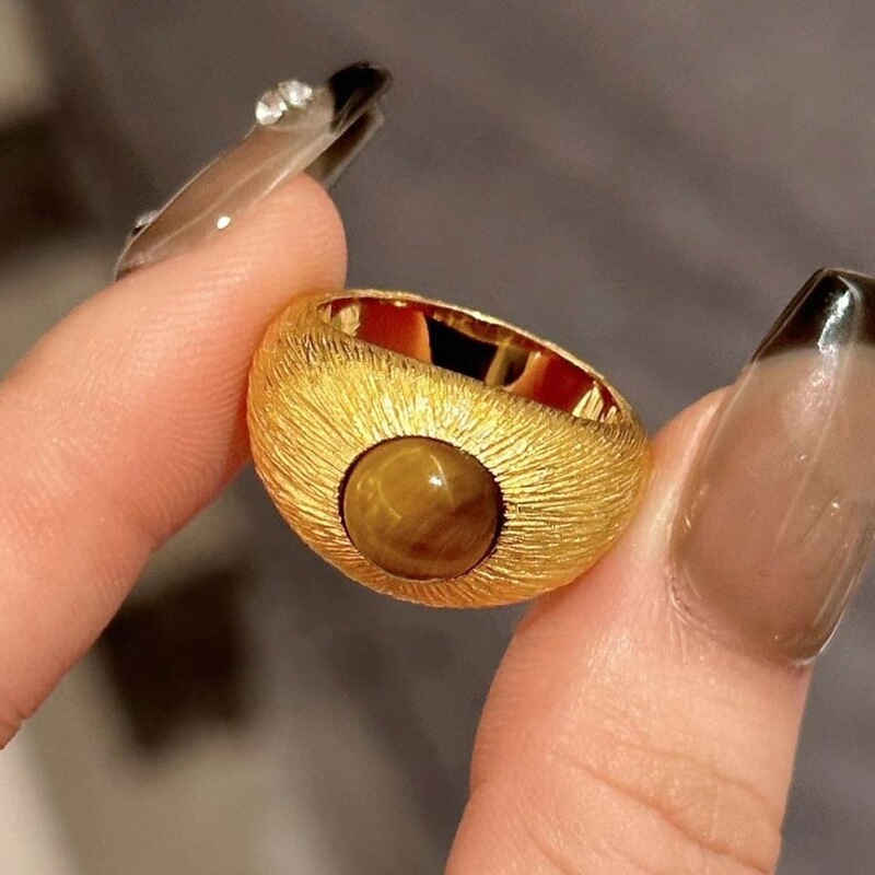 Vintage Diary-Style S925 Sterling Silver Cat's Eye Brushed Finish Ring for Women with Natural Tiger's Eye Stone, Beautiful Gift