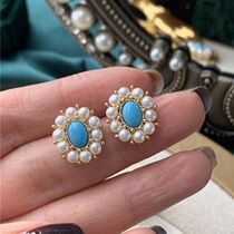 The year mirror flower moon plating S925 silver turquoise turquoise freshwater pearl ear nail ring set retro Chinese wind