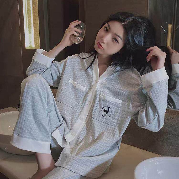 Foreign pajamas Women's Open shirt style Spring and Autumn new long-sleeved trousers two-piece suit soft glutinous home clothes can be worn outside
