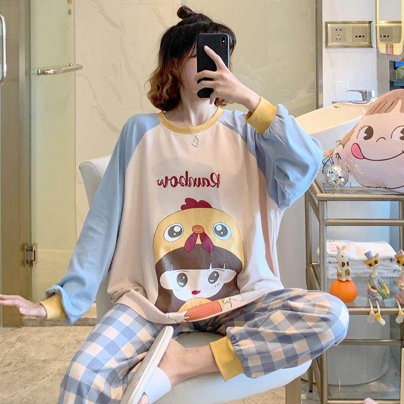 Pajamas women's long sleeves Spring and Autumn Korean students cute thin large size loose sweet casual two-piece home clothes