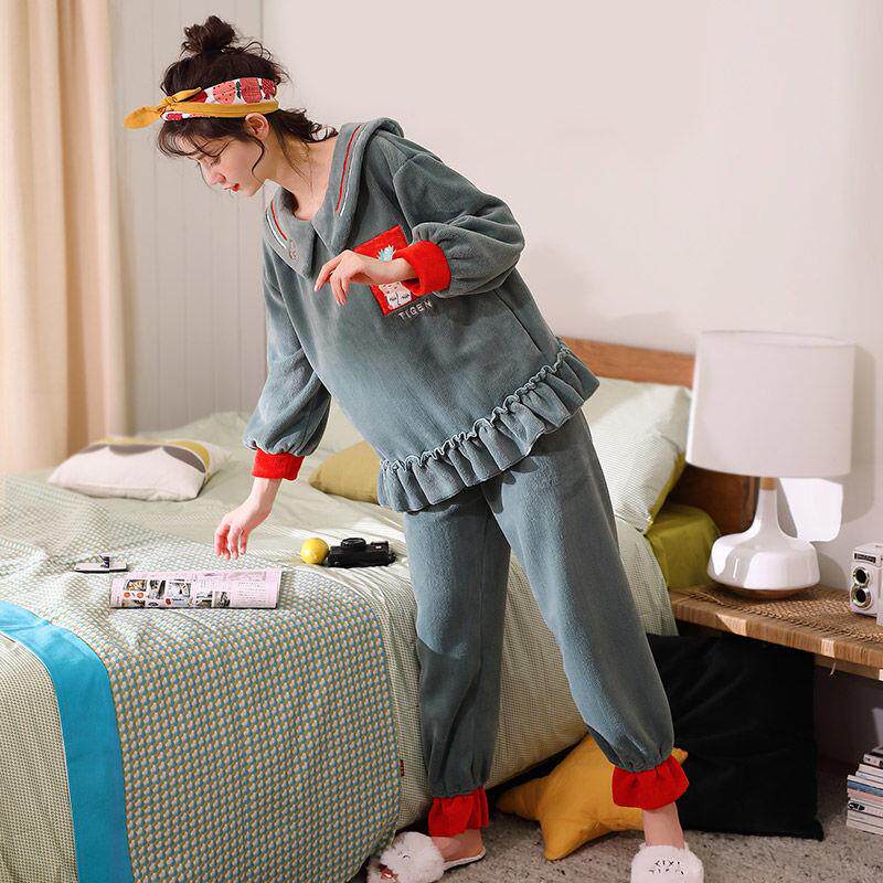 Pregnant women's pajamas autumn and winter thickened velvet flannel postpartum lunar clothes breastfeeding breastfeeding women warm coral velvet