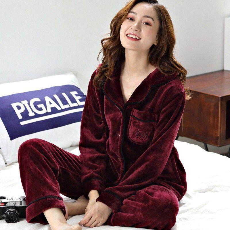 Winter coral velvet pajamas ladies thick flannel cardigan large size Fashion Home suit suit can be worn outside to keep warm