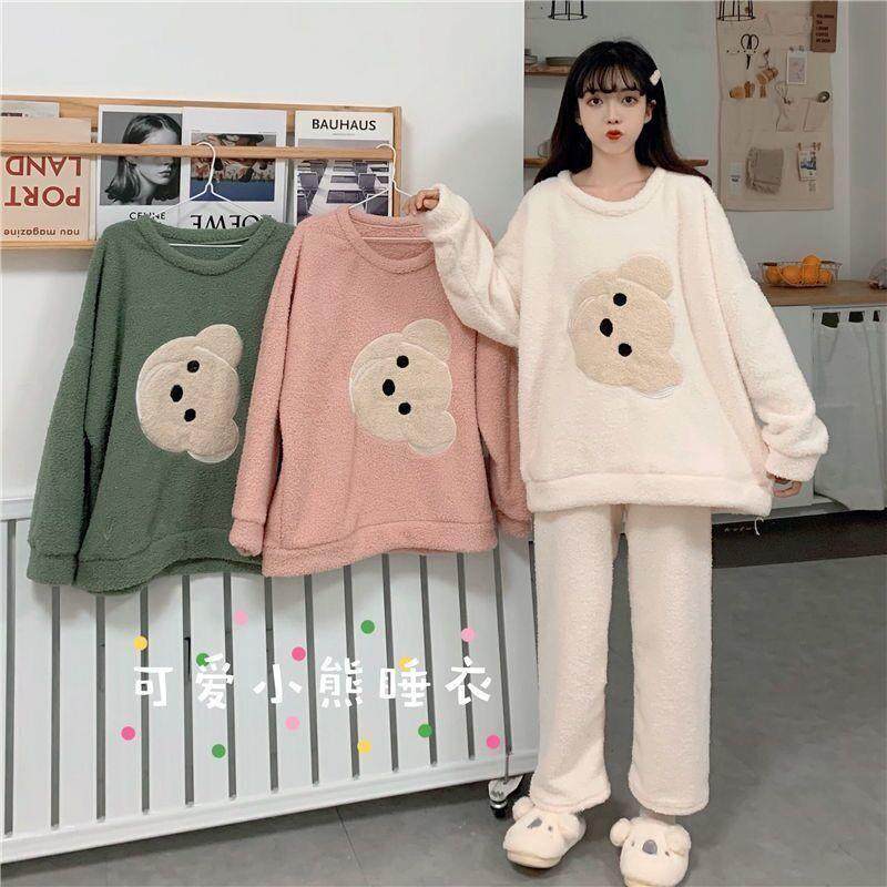 Autumn and winter pajamas women's ins net red suit plus velvet thick student cute cartoon sweet home service two pieces