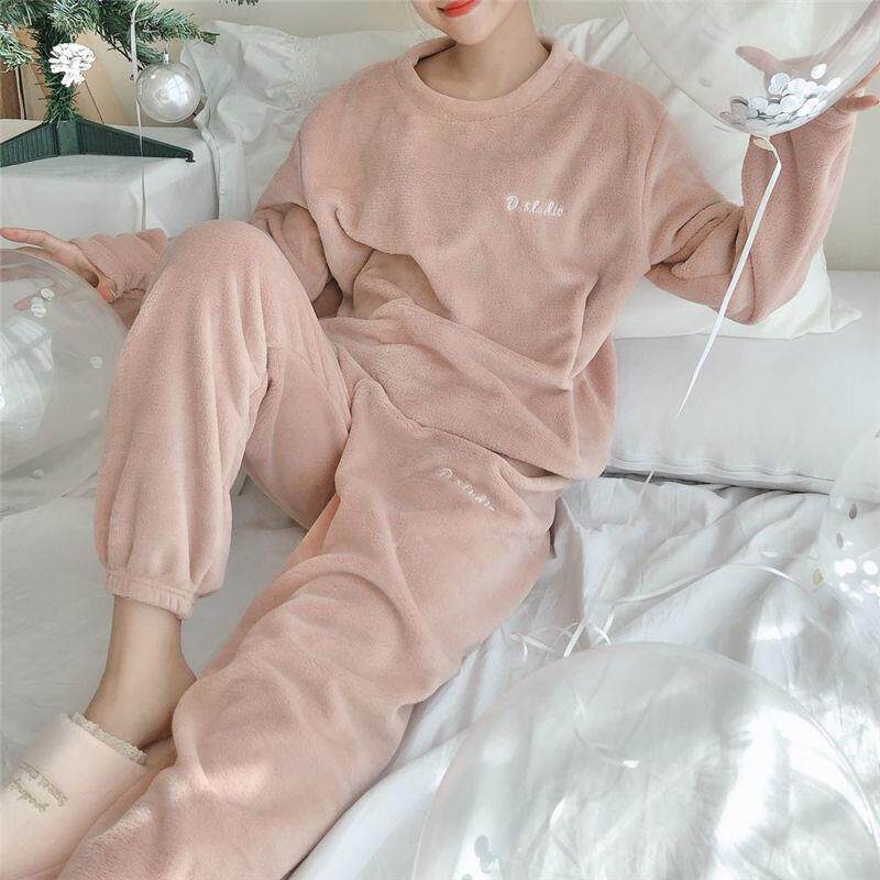 Warm set autumn and winter pajamas women's round neck coral velvet solid color padded pajamas long sleeve home clothes two-piece set