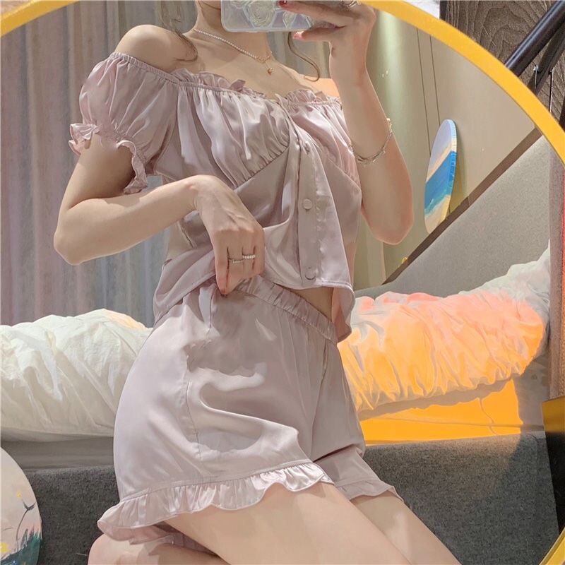 Милая шелковая пижама, короткий комплект, популярно в интернете, короткий рукав, подходит для подростков 