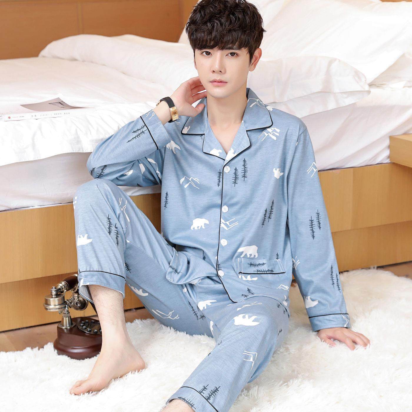 Men's pajamas spring and autumn pajamas men's two-piece long sleeve trousers cardigan