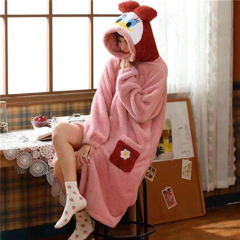 Pajamas female spring and autumn winter coral velvet dressing Korean version plus velvet padded cute medium and long version of bathrobe can be worn outside nightgown