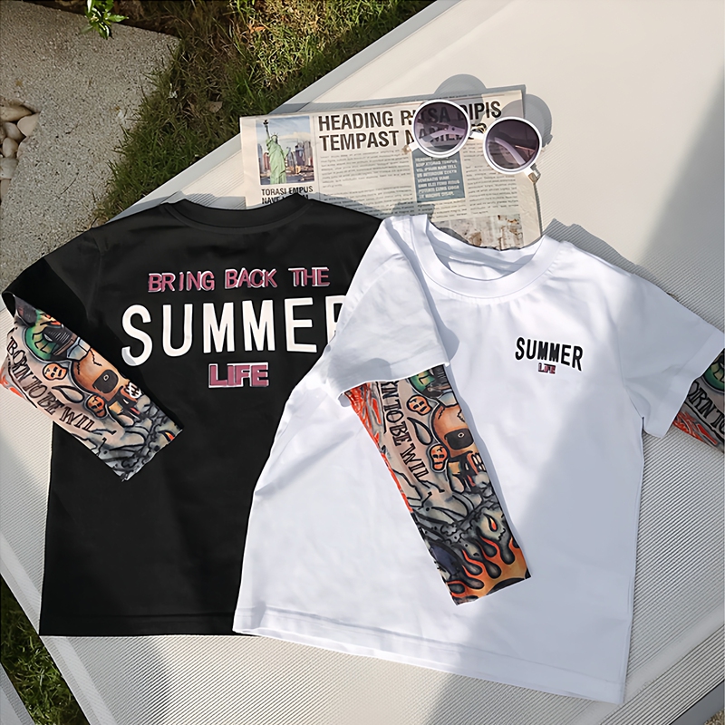 Boys' Fake Two-Piece Tattoo Print Long-Sleeve T-Shirt for Summer, Thin Cotton Sun Protection Clothing for Kids, Trendy