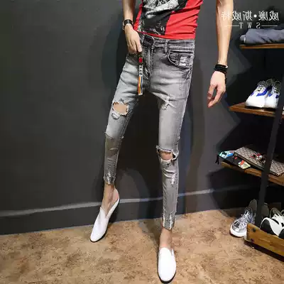 Net red pants male shaking sound white denim cigarette tube pants social spirit guy quick hand red people with the same trousers close-fitting