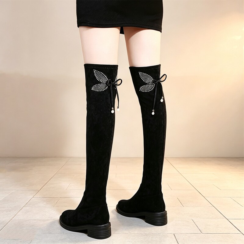 2026 Autumn New Style Rhinestone Butterfly Back-Tie High Boots Over-The-Knee Long Boots Women's Thick-Soled Chunky Heel Stretch Boots