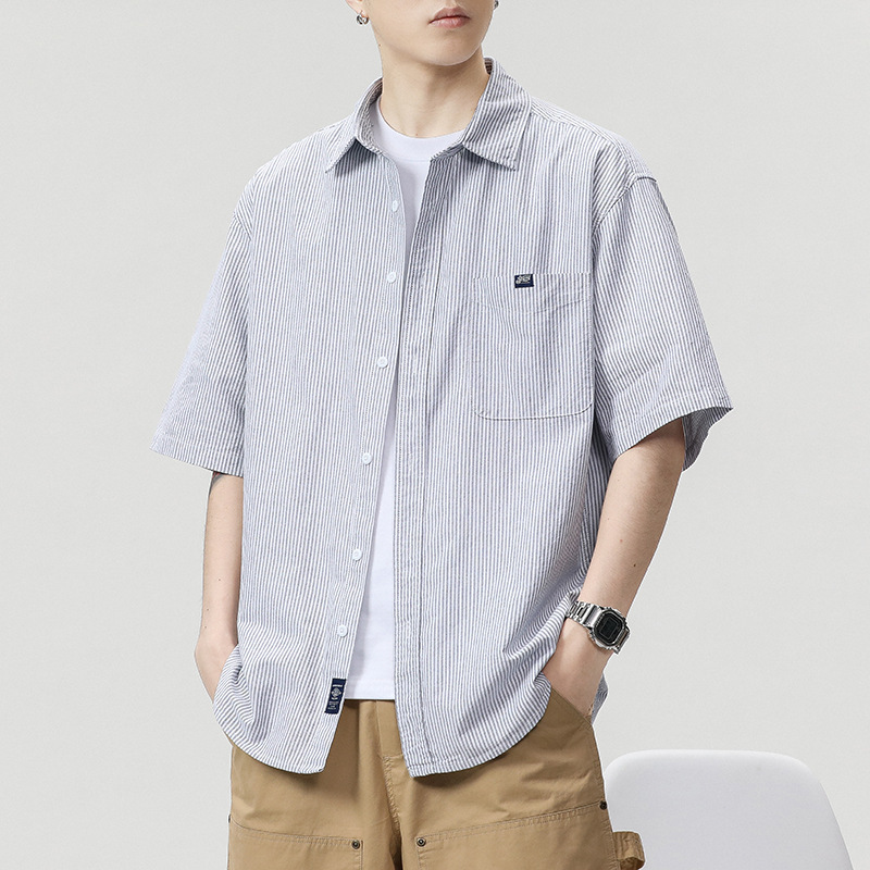 Dl Brand Japanese-Style Striped Short-Sleeve Shirt for Men, Summer Thin Cityboy Casual Versatile Collared Shirt