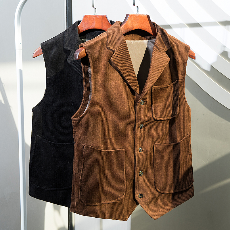 Corduroy texture suit vest Korean version of the casual new British style retro slim multi-pocket joker waistband tide