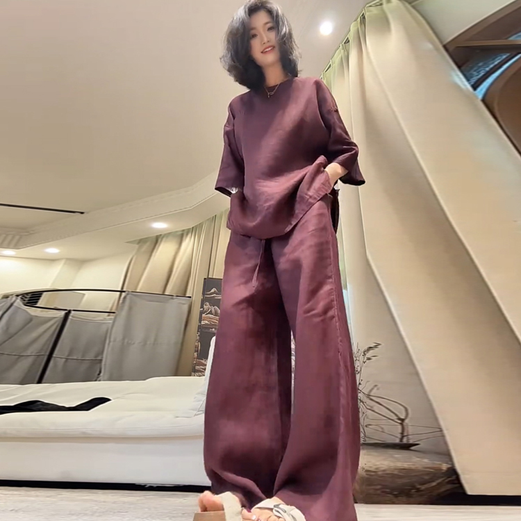 Casual and Lazy Style Linen Cotton Solid Color Fashion Set for Women 2026 Summer New Round Neck T-Shirt Top + Wide-Leg Pants