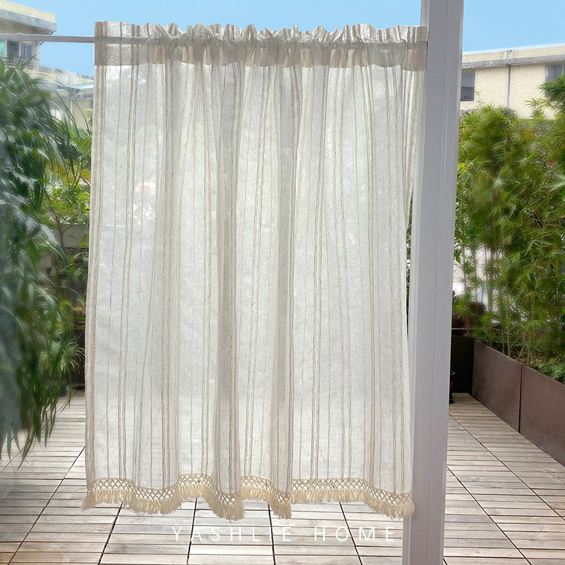 Yashlie |   Natural Wood Style Linen Tassel Door Curtain Short Curtain Partition Curtain Small Window Balcony Living Room Japanese Style Sheer Curtain