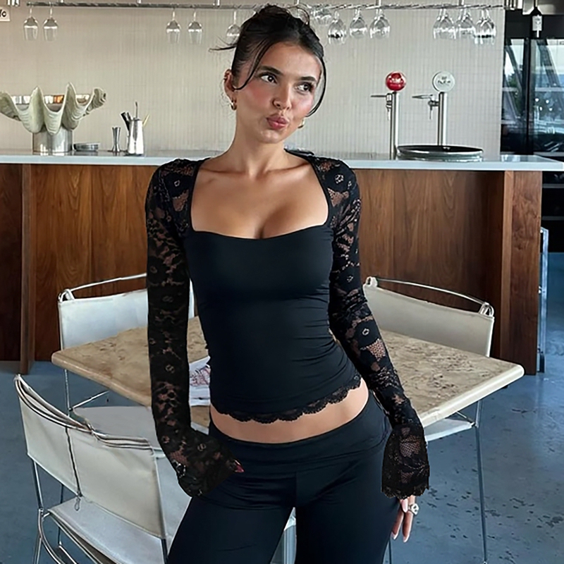 Sexy Lace Hollow-Out See-Through Patchwork Long-Sleeve Top 2026 Early Autumn New Style Pure Desire Hot Girl Versatile Slim-Fit T-Shirt