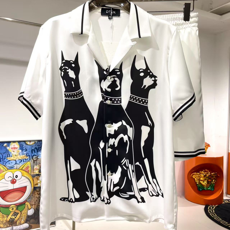 Rose Satin Pajamas for Men 2025 Summer New High-End Doberman Print Loungewear Ice Silk Short-Sleeve Set