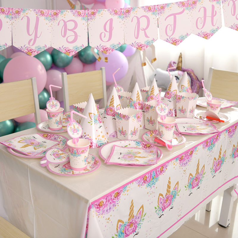 Disposable Tableware Unicorn Birthday Party Supplies Set Decoration Props Paper Plates Paper Cups Hats Bunting Cross-Border Disposable Tableware Unicorn Birthday Party Supplies Set Decoration Props Paper Plates Paper Cups Hats Bunting Cross-Border