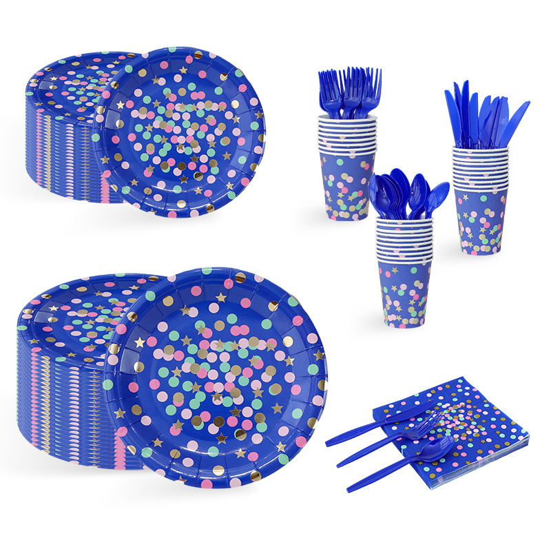 Gold Foil Blue, Purple, and Green Polka Dot Birthday Decoration Disposable Paper Plates and Tableware Party Decoration Set