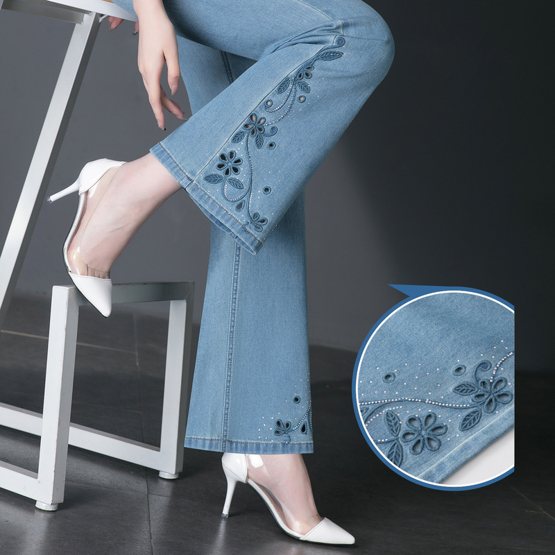 Tencel Cotton Blend Cropped Flared Jeans for Women, Summer New Style, Hollow Embroidery, Cool-Feeling Bell-Bottom Pants with Rhinestones Tencel Cotton Blend Cropped Flared Jeans for Women, Summer New Style, Hollow Embroidery, Cool-Feeling Bell-Bottom Pants with Rhinestones
