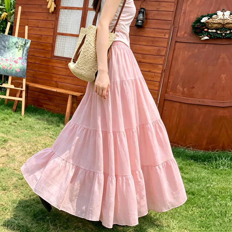 Pink Chiffon Pleated Cake Long Skirt for Women, New Summer Style, Slimming, Thin, Casual, Drapey, Versatile A-Line Skirt