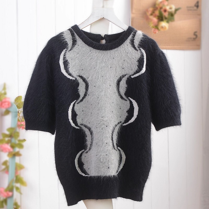 Japanese Retro Angora Long Rabbit Fur Mink Velvet Black and Gray Patchwork Pullover Short-Sleeve Sweater for Women