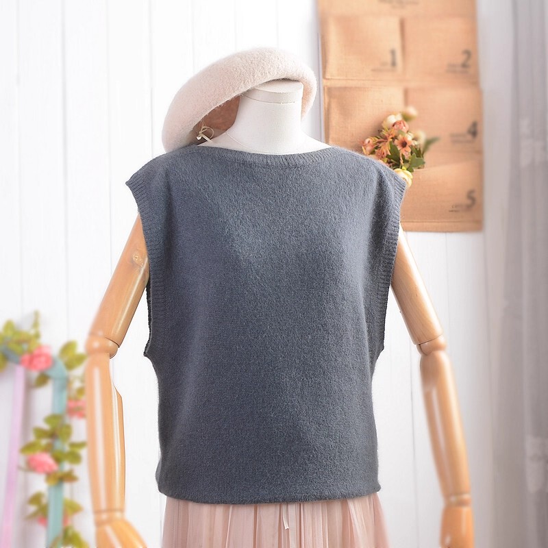 Japanese Retro Angora Long Rabbit Fur Mink Velvet Dark Gray Sleeveless Vest Pullover Short-Sleeve Sweater for Women