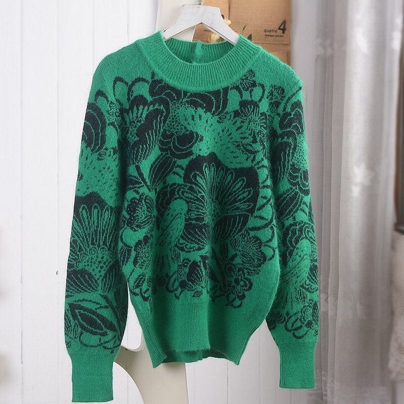 Vintage Angora Long Rabbit Fur Green Jacquard Elegant Ladylike Style Pullover Long-Sleeved Sweater for Women Vintage Angora Long Rabbit Fur Green Jacquard Elegant Ladylike Style Pullover Long-Sleeved Sweater for Women