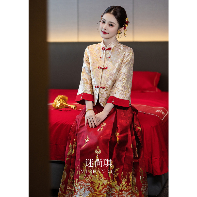 New Chinese Style Stand Collar Wedding Dress with Floral Print Mamian Skirt Women's Red Mid-Length Bridal Toast Dress Wedding Attire for Homecoming