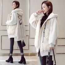 2021 new womens winter coat cotton-padded jacket long imitation leather wool one lamb wool stitching cotton-padded women loose